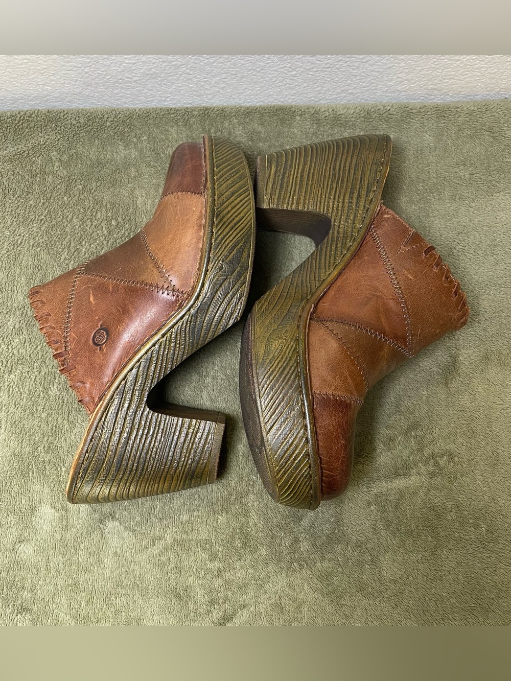 Born Hand Crafted Womens Size 10M Brown Leather Patchwork Platform Clog Mules - Picture 6 of 9